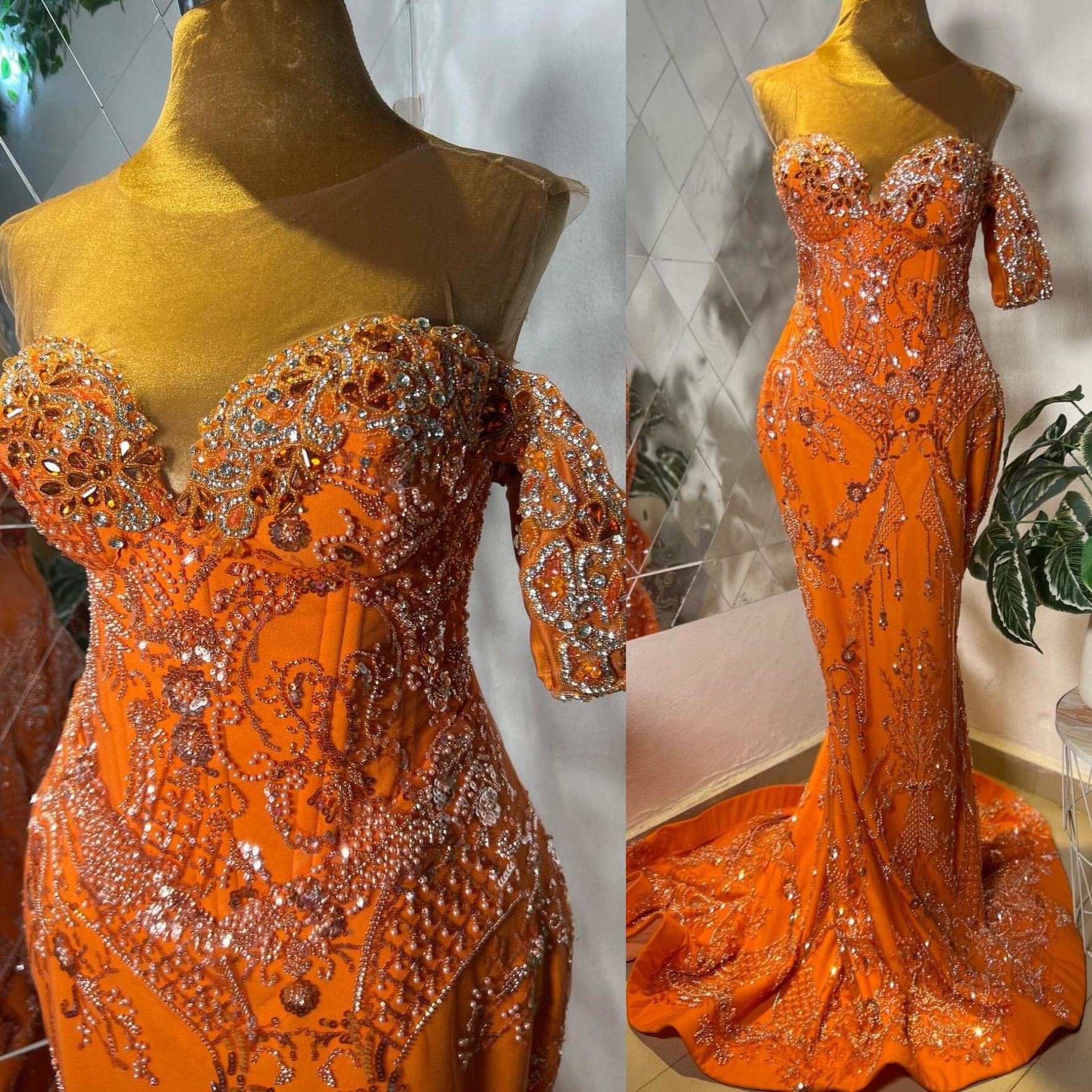 Orange Mermaid Prom Dresses 2025 Beaded Crystals Sequined Sheer Neck Evening Formal Party Second Birthday Engagement Gowns Plus Size Dress For Special