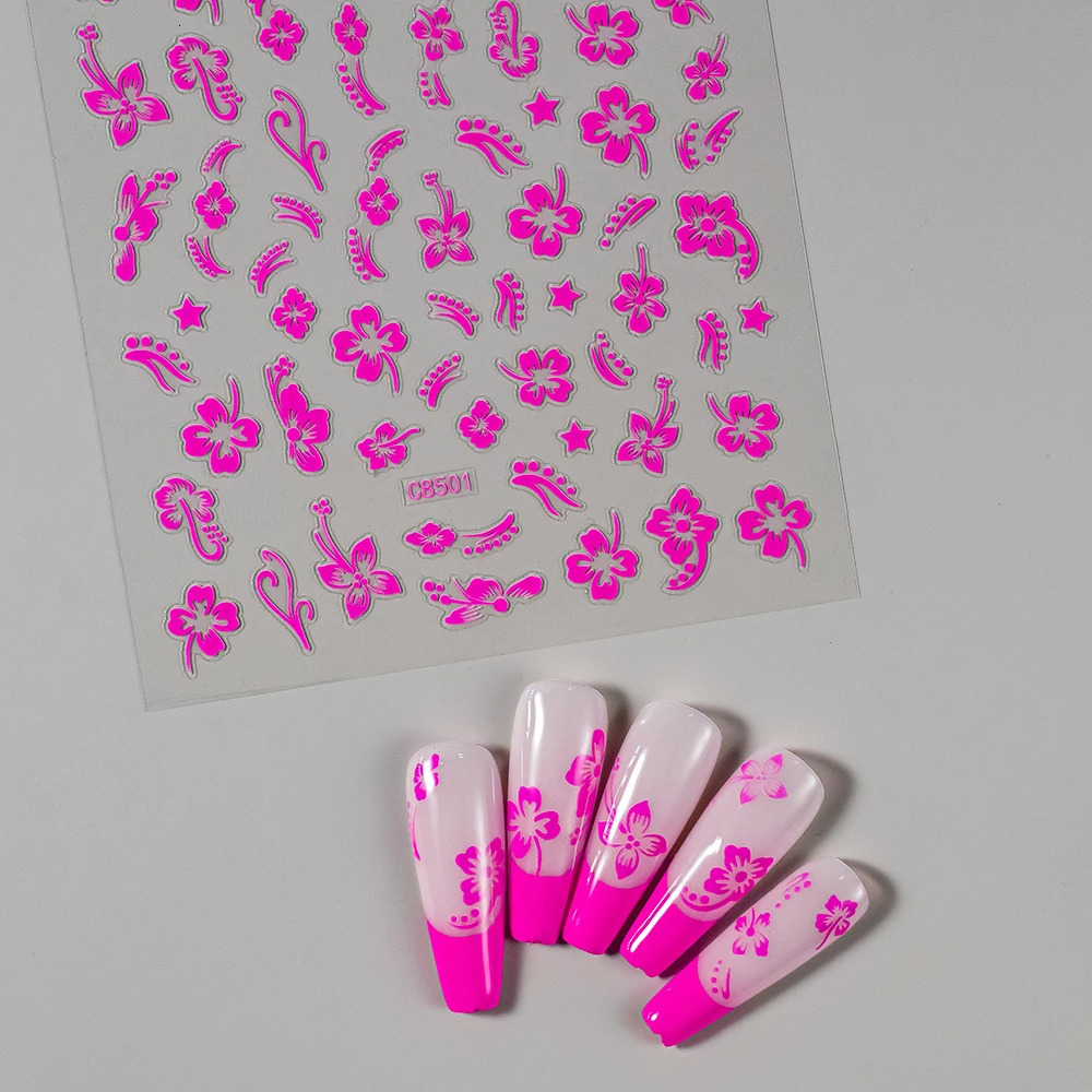 1pc 3D Hibiscus Flowers Nail Sticker White Black Flower Petals Adhesive Decals Pink Golden Floral Slider For Art Decoration 250605