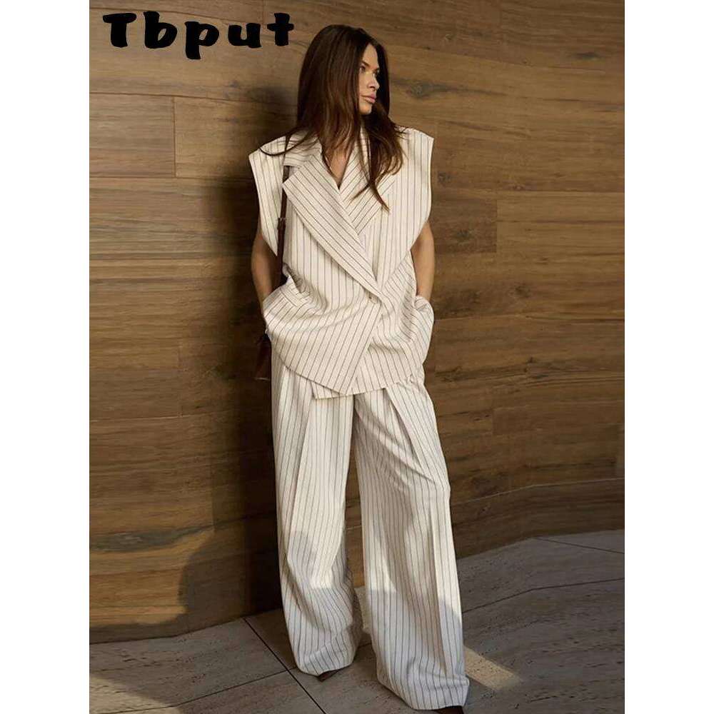 Fashion Women's Stripe Vest Trouser Suits Sleeveless Turn-Down Collar Lady 2025 Spring Summer Casual 2 Pieces Set Women
