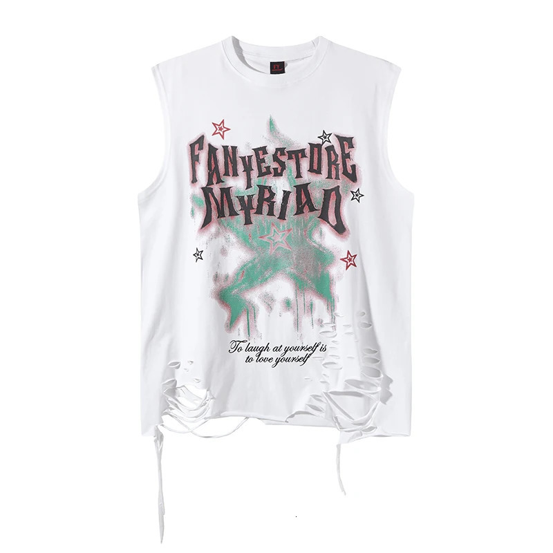 Summer Hip Hop Tank Top Man Washed Streetwear Tees Y2k Sleeveless T Shirt Round Neck Cotton Baggy Vests Tops Distressed 250611