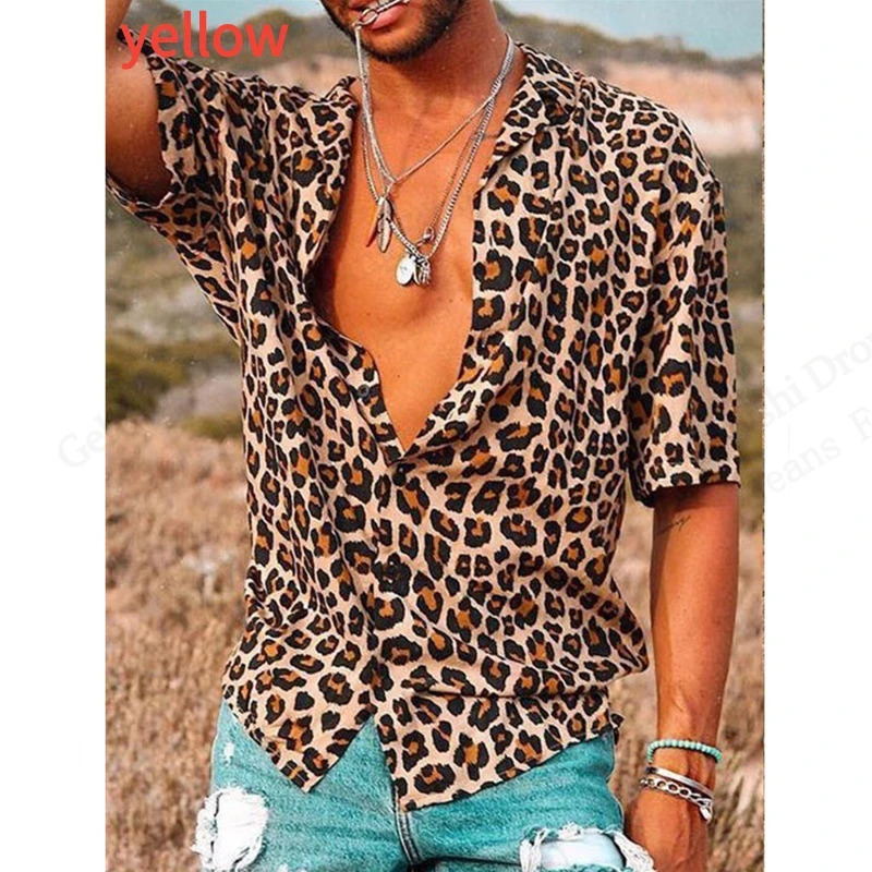 Fashion Mens Summer Hawaiian Shirt Leopard 3D Print Shirt Short Sleeve Casual Plus Size Beach Shirts Street Lapel Blouse Camisa 250606
