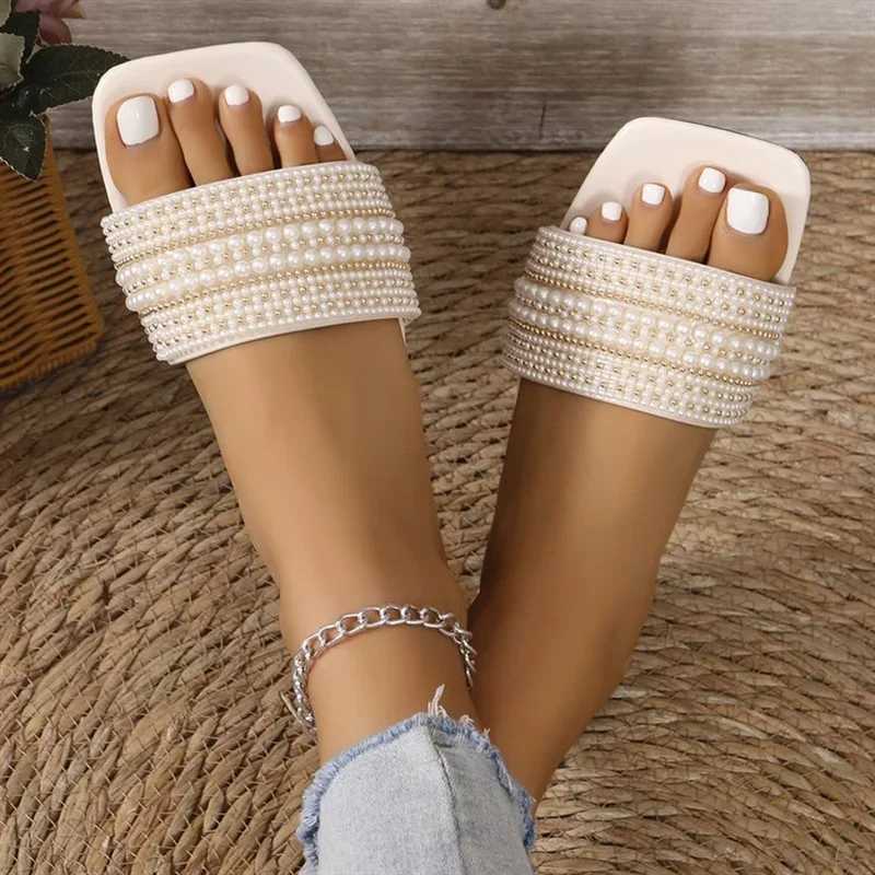 summer reliable sexy light casual womens shoes large size comfortable square head pearl decorated solid color flat slippers XJ250610