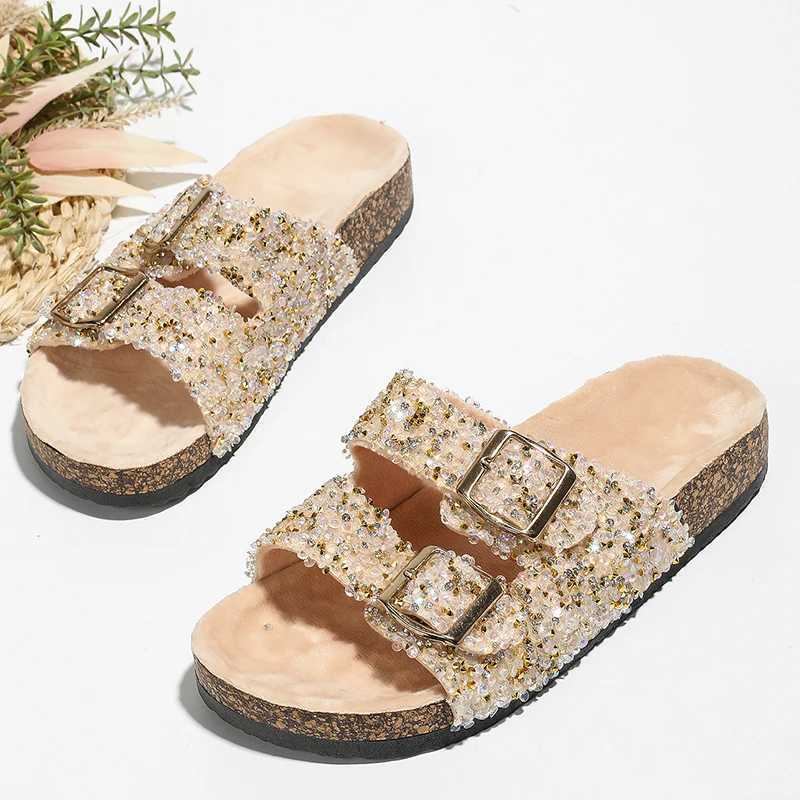 Double Metal New Fi Buckle Diamond Sequins Slippers Home Leisure Beach Womens Flat Sandals for Fall and Winter Models XJ250610
