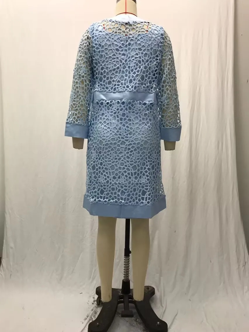 Wein Lace Cardigan Dress with Two Coats Lady Female Woman Skirt Dresses Coat Set Suit Hollow Out Cotton and Linen Formal Office 250606
