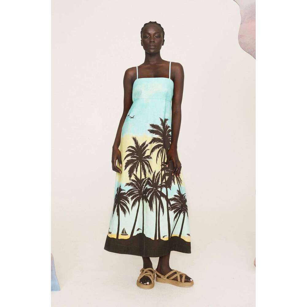 Women Palm Printed Strapless Big Swing 100% Linen Long Dress