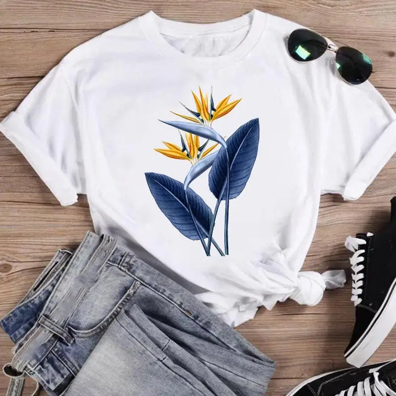 Print Fashion Watercolor Spring Flower Designer T-shirts Women Cartoon Short Sleeve Graphic Tops Summer 100% Cotton O-neck Female Clothing 2025 New