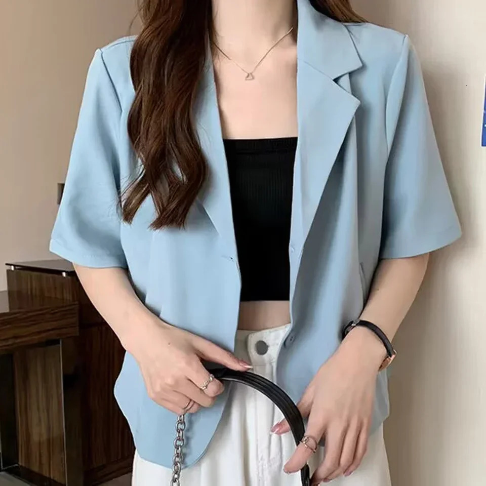 Summer Blazers Women Medium Elasticity Polyester Short Sleeves Single Breasted Solid Color 250610