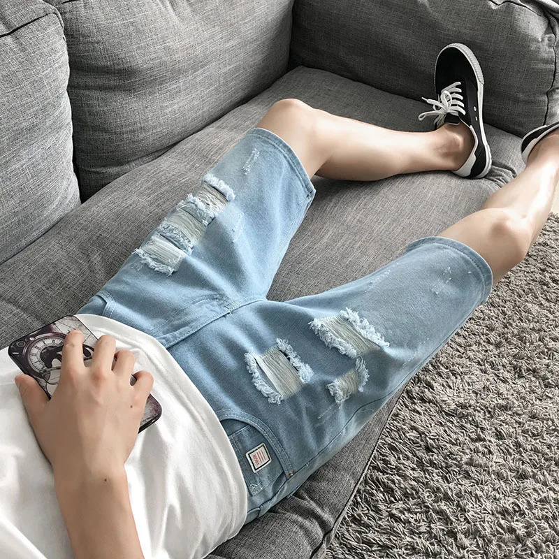 Ripped Denim Shorts Mens Five-point Summer Pants Korean Version 5-point Beggar Thin Mens Medium Pants 250611