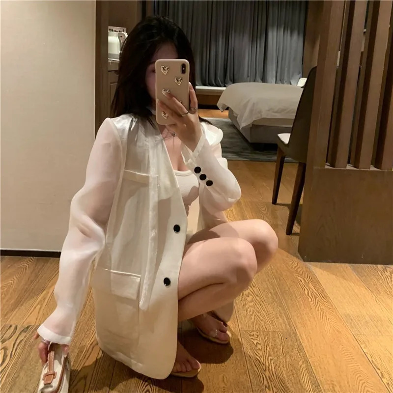 Summer Women Fashion Patchwork Thin White Gauze Suit Jacket Casual Loose VNeck SingleBreasted Long Sleeve Female Blazers Coat 250610