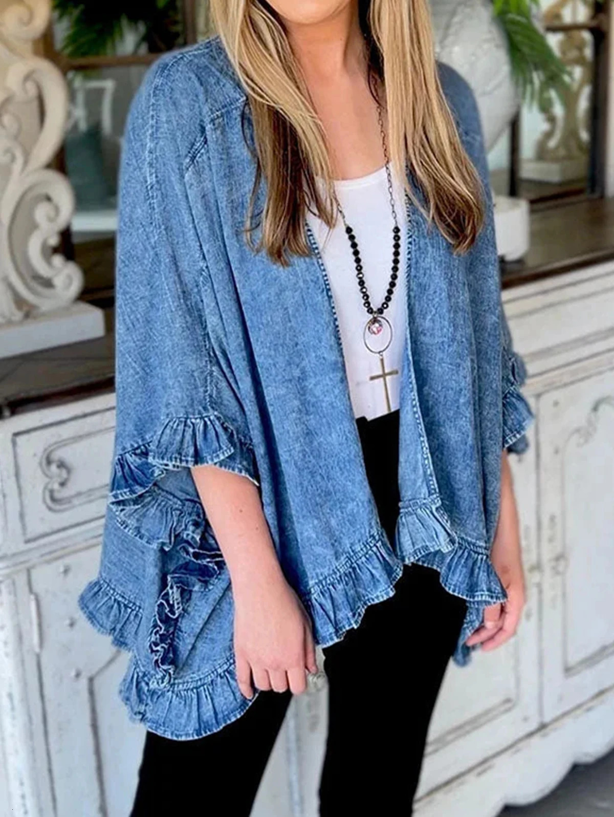 Vintage Cute Solid Splicing Pocket Denim Jacket Female Fashion Streetwear Lapel 3/4 Sleeves Ruffle Cardigan Loose Women Coat 250609