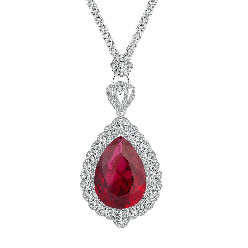 S925 Silver Faux Pigeon Blood Ruby Large Water-Drop Pendant Necklace, 18x25mm Luxury Design, Exquisite Luxury Women's Jewelry