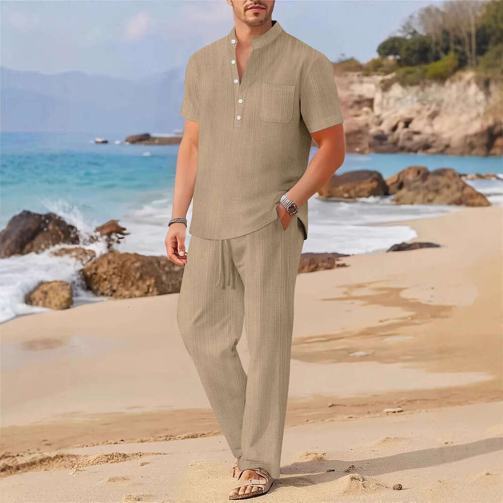 Spring/Summer New Men's Loose Casual Imitation Linen Short Sleeve Long Pants Set B5