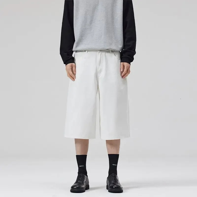 100% Cotton White Jeans Summer Mens Shorts Baggy Wideleg Casual Calflength Denim Pants Oversized Loose Fashion Streetwear 250610