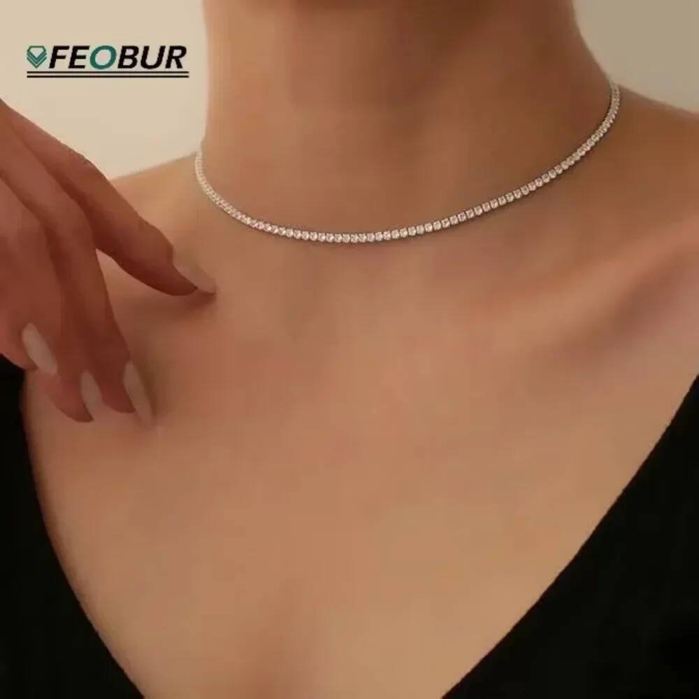 FEOBUR 2mm D Color Moissanite Tennis Choker Necklace for Women S Sier Plated Gold Adjustable Full Dia Neck Chain