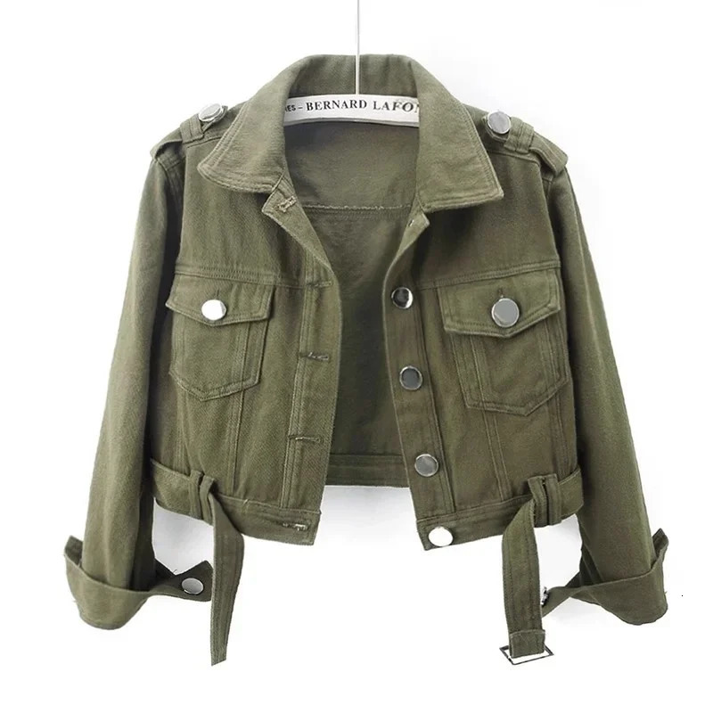 Spring Autumn Fashion Solid Color Big Pocket Denim Jacket Women Casual Cowboy Outerwear Hem Belt Slim Short Jeans Jacket Female 250609