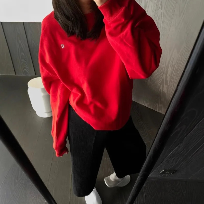 Fashion Black Red Round Neck Hoodie for Women Elegant Long Sleeves Loose Casual Couples Same Solid Color Simple Top 250610