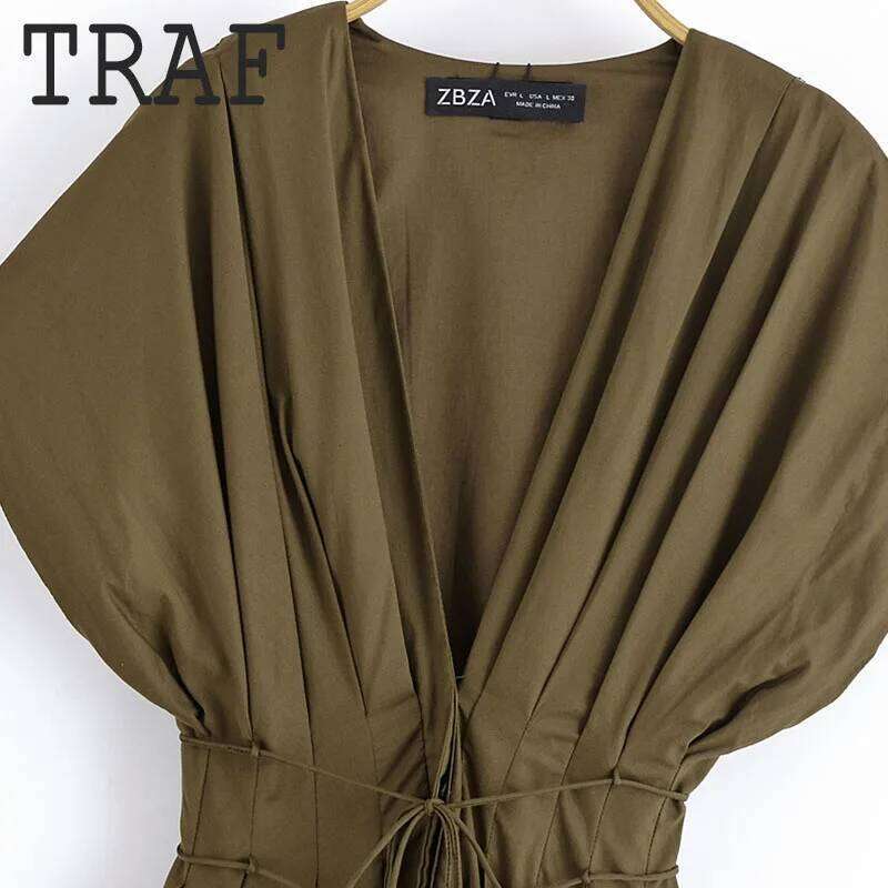 TRAF V-neck Short Sleeve For Women Fashion Sagging Sense Long Waist Lace Up Midi Dress Elegant Evening Dresses