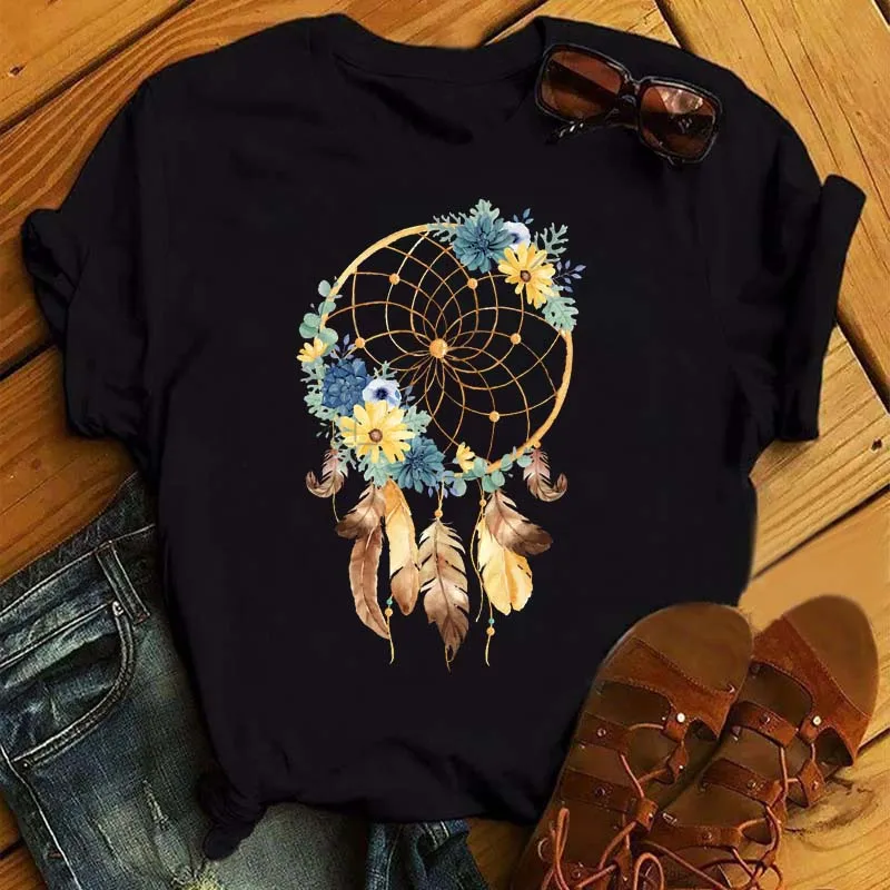 Fashion Feather Dreamcatcher Designer T Shirt Women Harajuku Graphic Tees Shirt Femme Dream Catcher Women's T-shirt Clothes Tops
