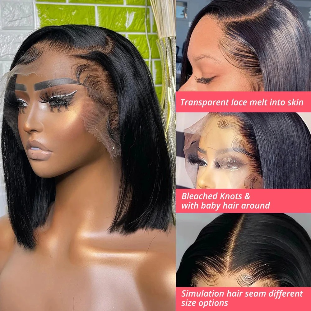 Bob Lace Front Wig Human Hair Straight 180% Full Density 13x4 HD Transparent Lace Frontal Wigs bob hair For Women Synthetic