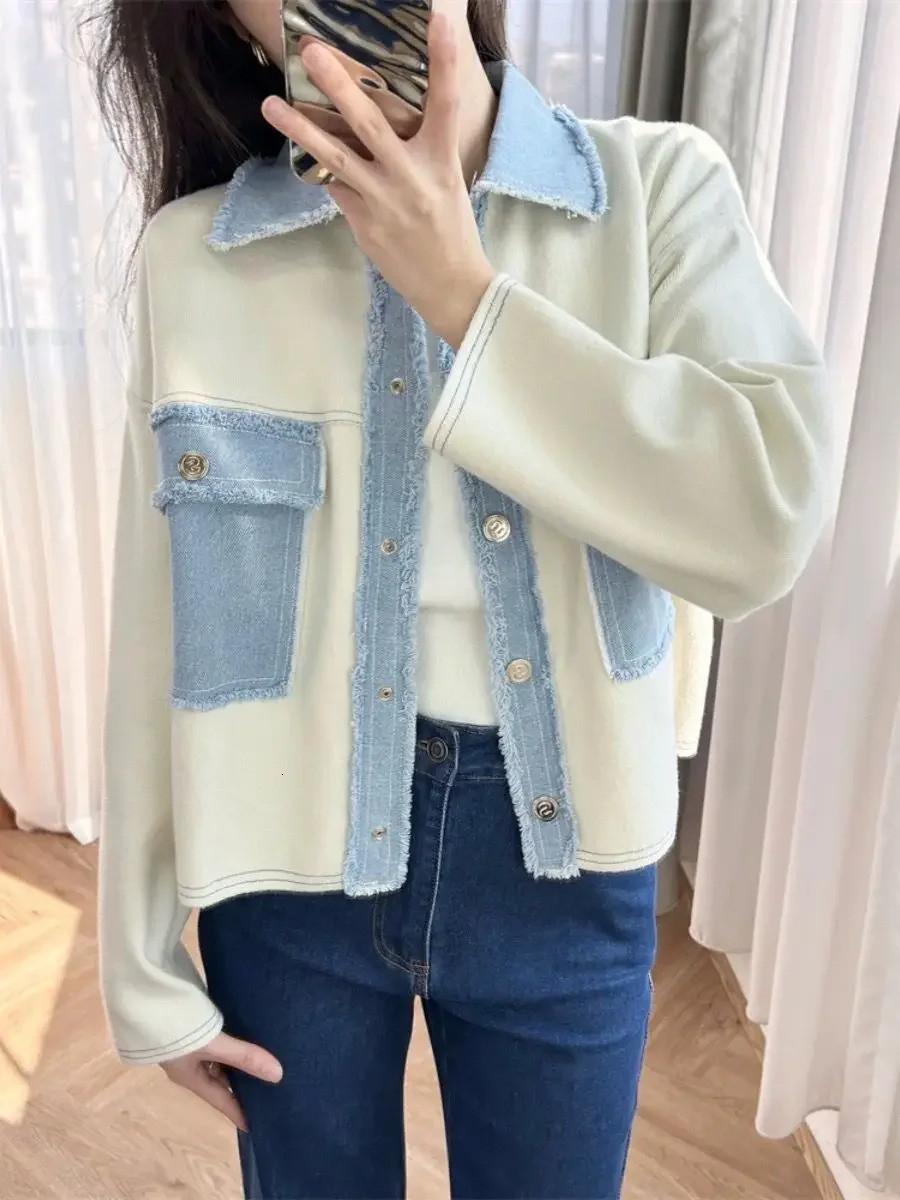 Women Fashion Jacket Turn-Down Collar Denim Splices Single Breasted Long Sleeve Ladies Pockets Knitted Coat Spring 250609