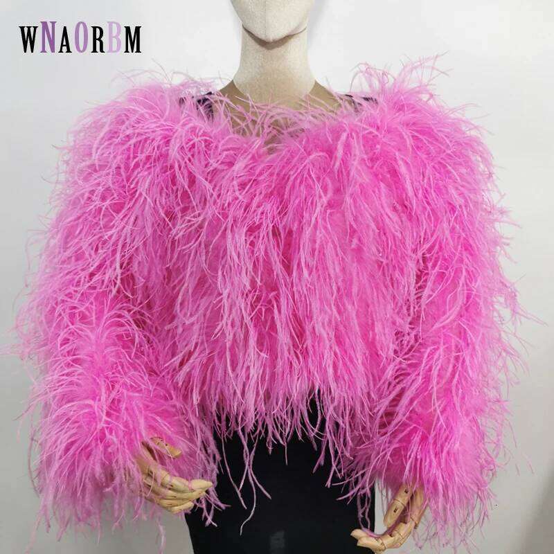 Fashion Sexy 100% Ostrich Feather Boat Neck Design Women's Off Shoulder Short Length 40 Cm Party Real Fur Coat Jacket