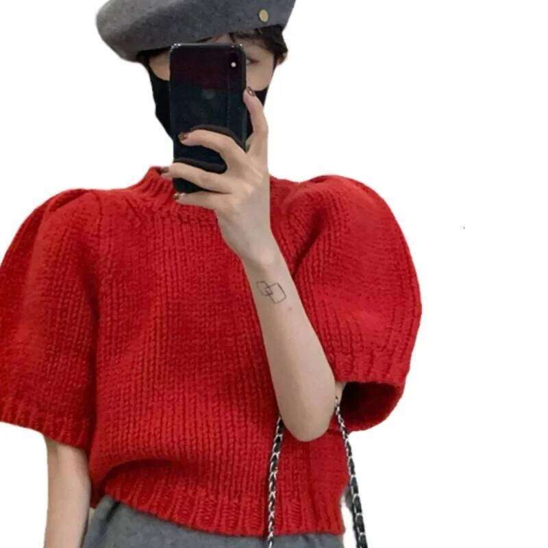 Summer New Fashion Solid Color Loose Knitted Round Neck Sweater Tops High Quality Short Sleeve Casual Women's Wear