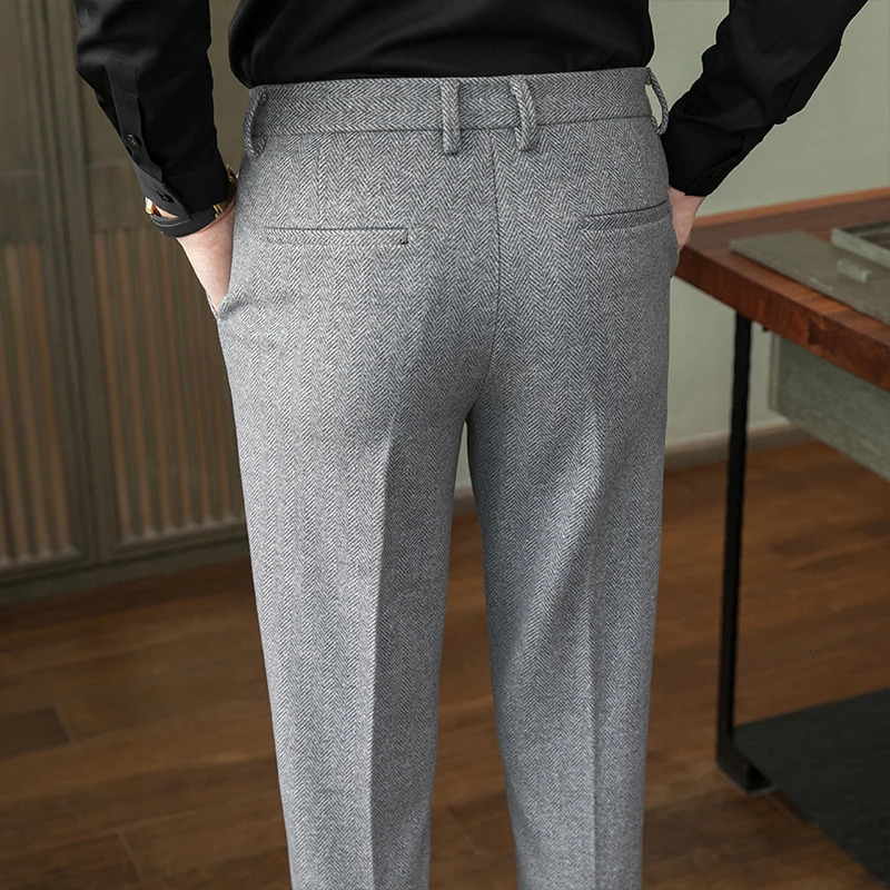 QJ CINGA Grey Mens Woolen Pants AutumnWinter Thick Trousers Men Slim Business Pantalones Hombre Fashion Slacks 2836 250610