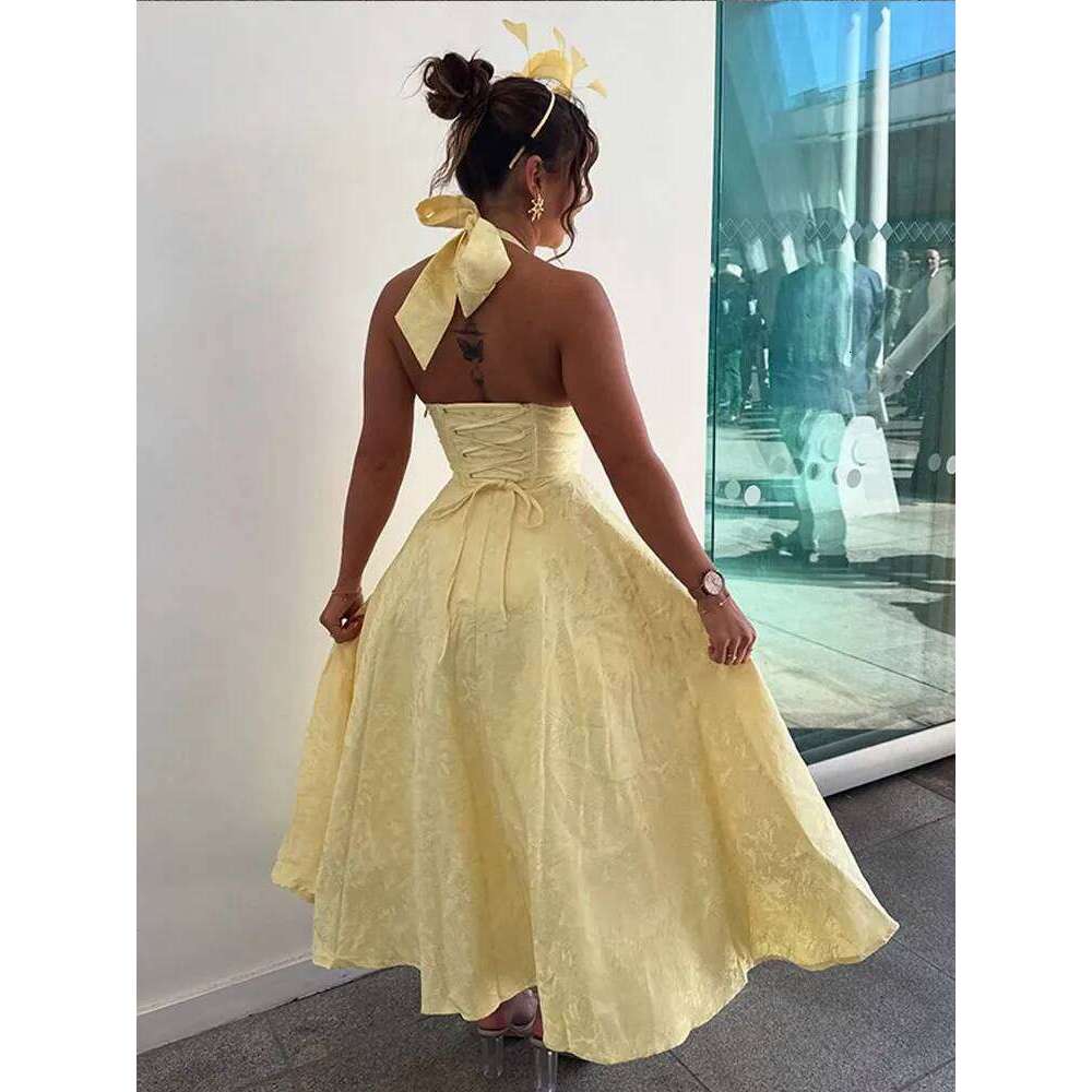 Butter Yellow Corset Backless Maxi Dress Women's Elegant V Neck Halter High Waist Robes Lady Summer Evening Party Gvestidos 2025
