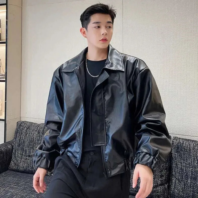 IEFB Mens Fashion Chic PU Leather Jacket Loose Lapel Zipper Long Sleeve Black Oversize Short Coat Spring Autumn 9D0643 250611