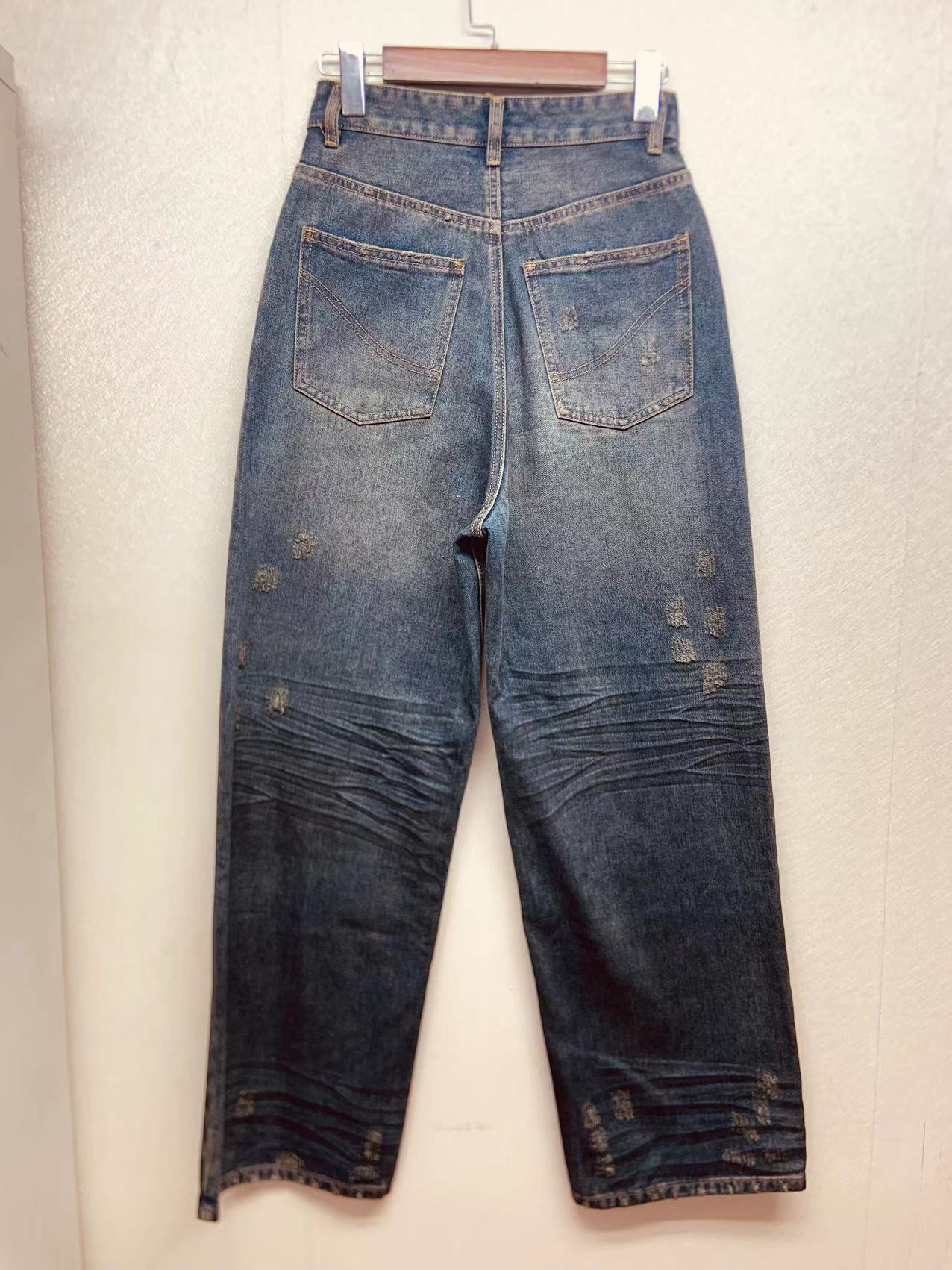 Factory customized wholesale vintage washed ripped wide leg denim pants 23-0108