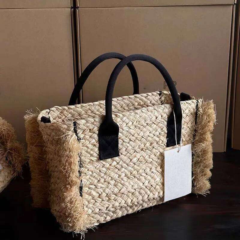 Fashion Handmade Raffia Grass For Women's Summer Vacation Rough Edges Tote Bag Lady Handbag Designer Clothes Women