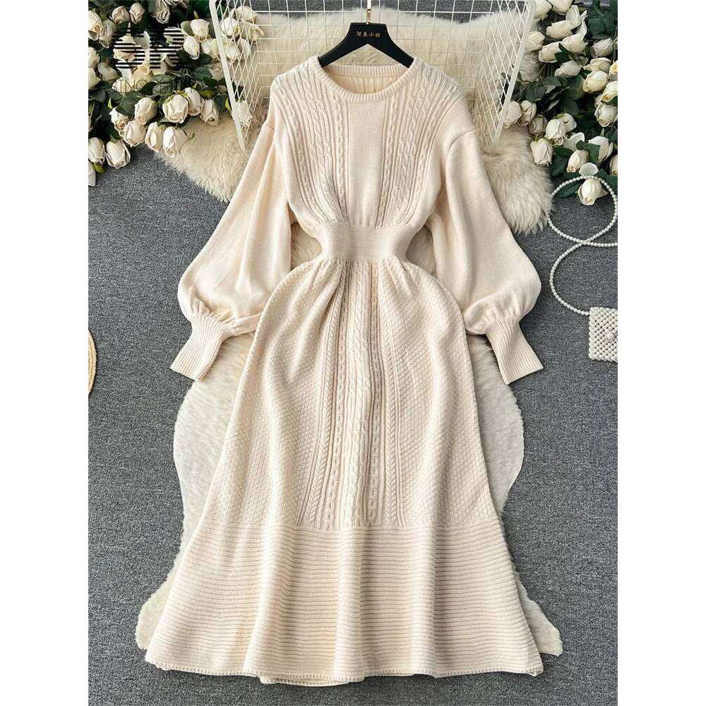 SINGREINY Loose Casual Knit Long Dress Women Solid Elastic Waist Lantern Sleeve O Neck Ladies Fashion Winter Sweater Dresses