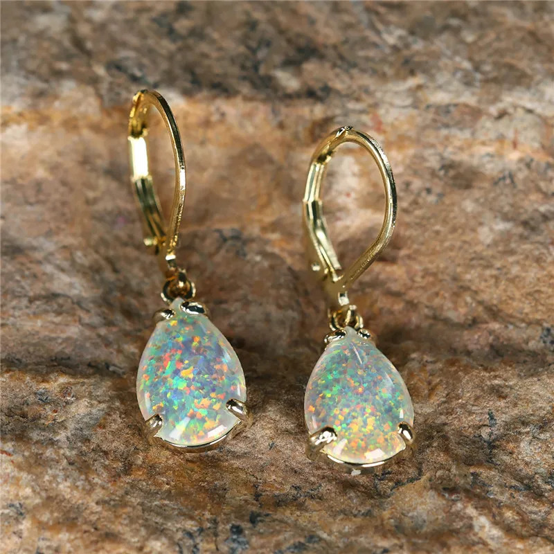 Female White Fire Opal Stone Classic Gold Color Water Drop Earrings Cute Dangle Boho Jewelry For Women 250610