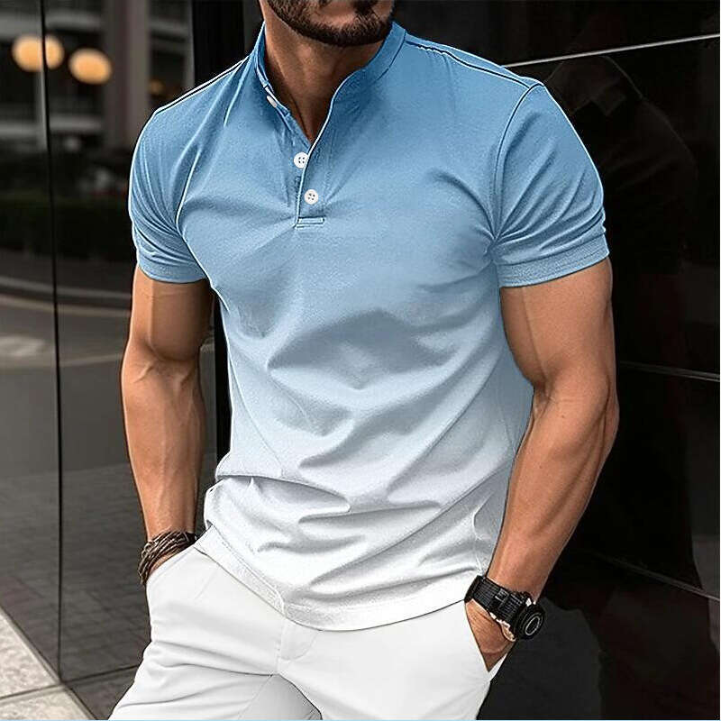 Spring Summer New Fashion Men's Stand Collar Gradient Casual Short Sleeve Golf Henley Shirt B5