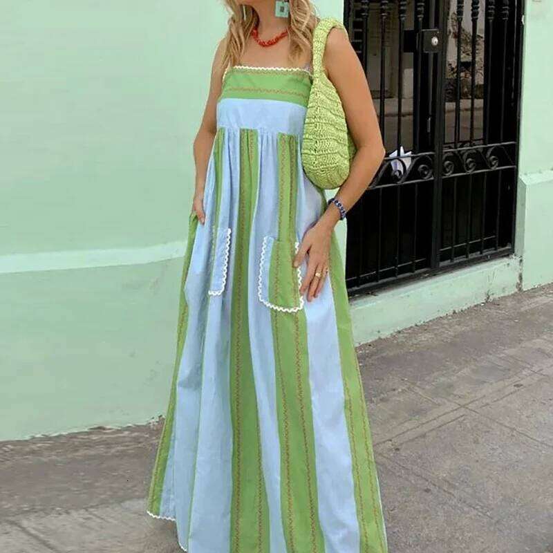 Elegant Suspenders Contrast Lace Stripe Bohemian Summer Retro Backless Hollow Pocket A-line Maxi Dress For Women 2025