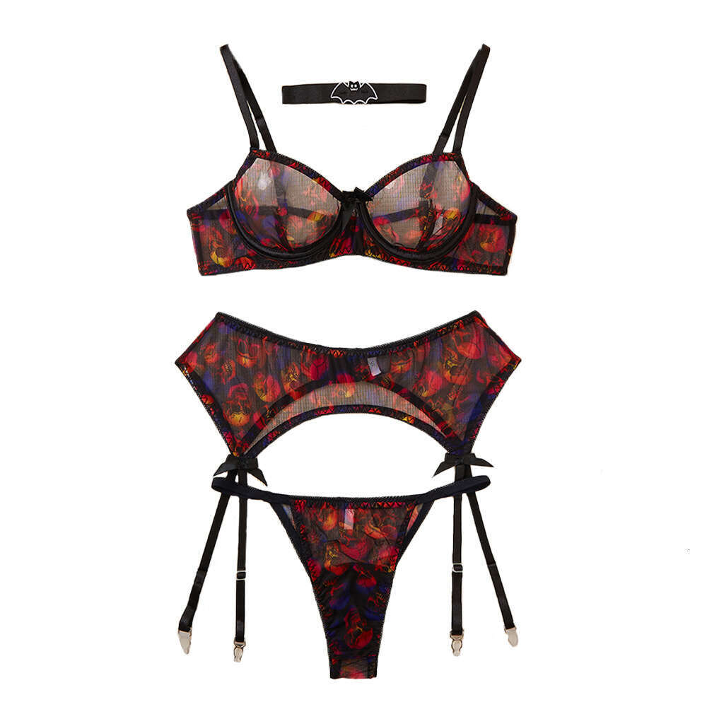 Spell Lingerie Porn Suits Halloween Sexy Lingerie Four Piece Skull Print Bat Neck Garter Belt Stockings Set New Style Sexy Lingerie