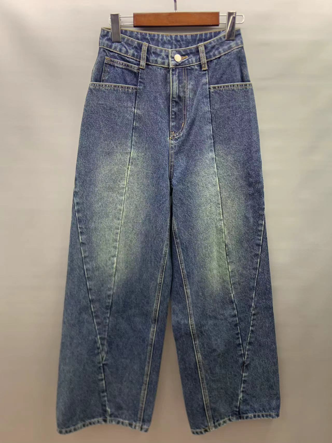 Factory customized wholesale splicing design high waist wide leg jeans 24-0802