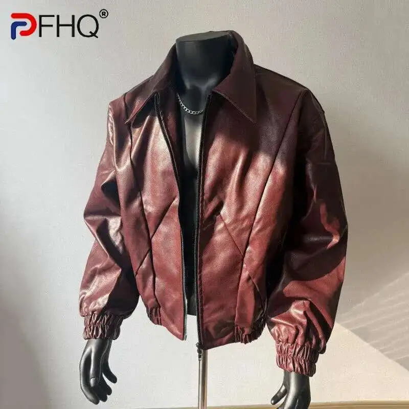 PFHQ Mens PU Leather Jacket Turn-down Collar Long Sleeve Zipper Line Decoration Male Tops Fashion 21E2803 250611