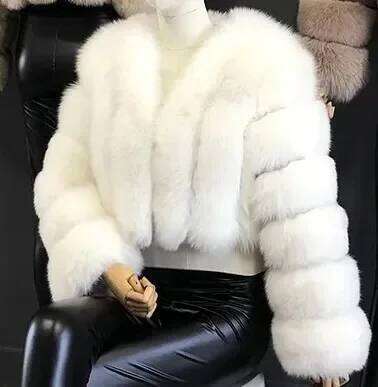 Open Women Faux Fur Coats Thick Warm Fox Short Coat Turn Down Collar Solid Full Sleeve Elegant Splice Autumn Winter