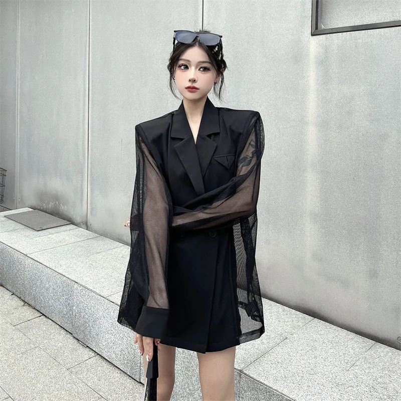 Womens Springsummer American Style Short Mesh Patchwork Blazer Retro Casual Solid Color Loose Irregular Jacket 250610