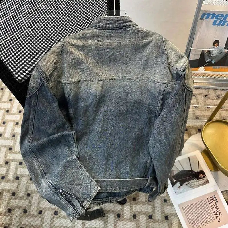 FEWQ Belt Mens Denim Jackets Stand Collar Solid Color Shoulder Padded Sleeve Zipper Patchwork Washing Male Coats 24K2966 250611