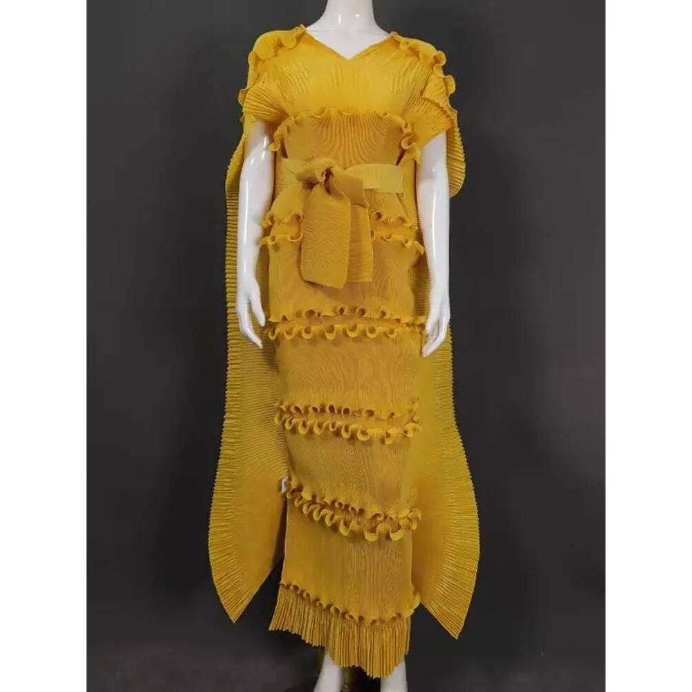 LANMREM Pleated Dress Women V Neck Half Sleeve Solid Color Cloak Loose Style New Tide 2025 Dresses 32F1137
