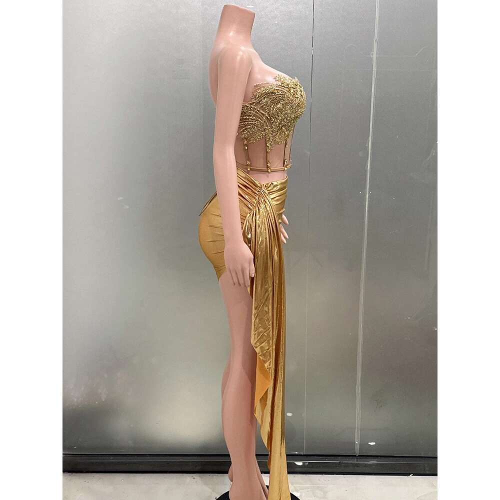 Gold Color Women Sexy 2 Pieces Strapless Bodycon Mini Bar Singer Nightclub Party Celebrate Birthday Dress Wholesale