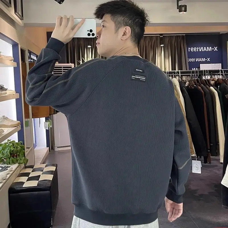 Men Trendy Appliques Simple Casual All Match Sweatshirt Streetwear Y2K Cotton Loose Hoodie Round Neck Long Sleeve Pullover Tops 250611