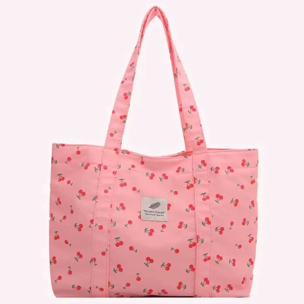 Cute Cherry Strawberry Print Casual Tote Bag Large Capacity Shopping Bag Nylon Aesthetic Handbag Grocery Bag for Women XJ250610