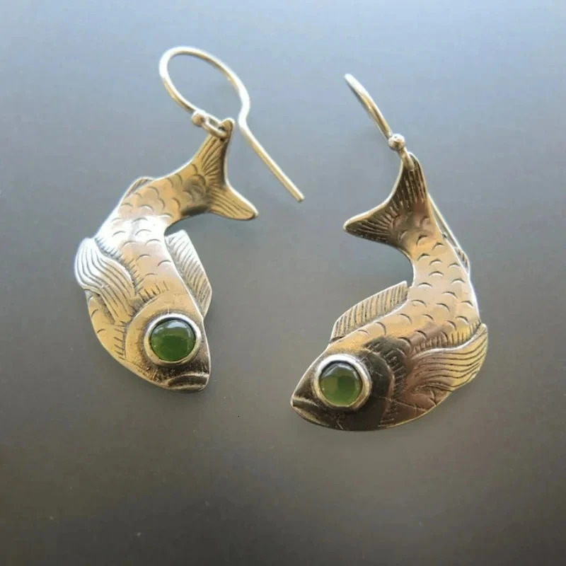 Charm Women Fish Animal Green Stone Drop Silver Color Earrings Party Jewelry Gifts 250610