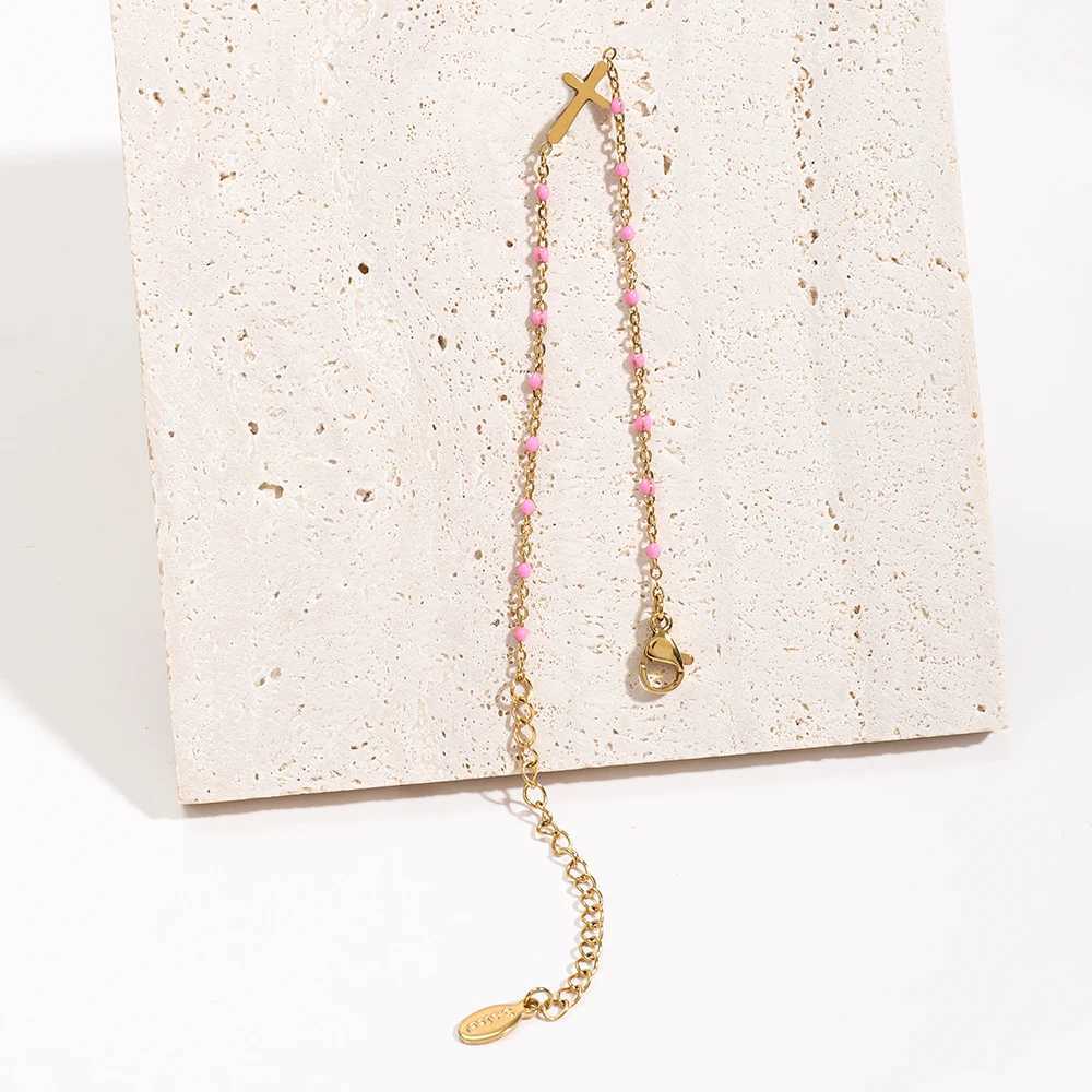 3M Girls Boho Thin Chain Stainless Steel Bracelets For Women Gold Color Peach Pink Cross Charm Beautiful Gift XJ250707