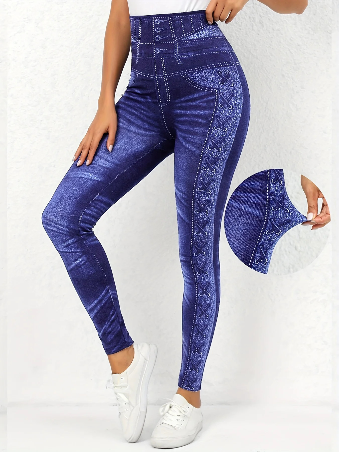 Plus Size Patchwork High Waisted Leggings Fashion Faux Denim Skinny Pants Calf Pants For Women 250609