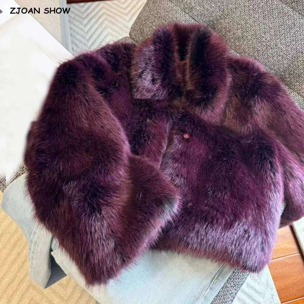 Winter Dark Purple Turn down Collar Lapel Hairy Shaggy Faux Coat Women Full Sleeve Furry Fur Warm Jacket Short Outerwear