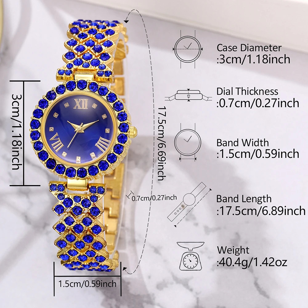 2PCS/Set Of Blue Womens Watches With Minimalist Elements Quartz Watches Blue Alloy Watch Straps Jewelry Sets Gifts For Girls 250606